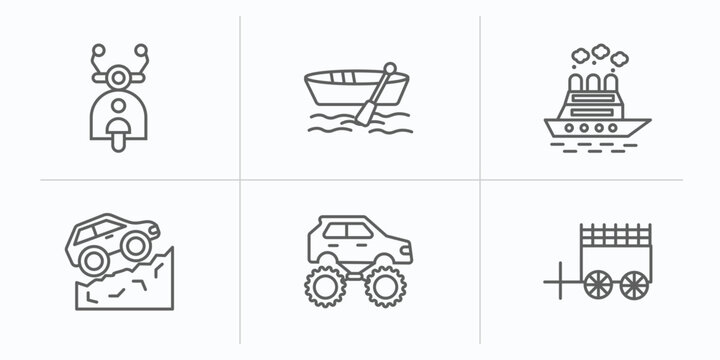 transportation outline icons set. thin line icons such as scooter front view, dugout canoe, icebreaker ship, off road, monster truck, oxcart vector.