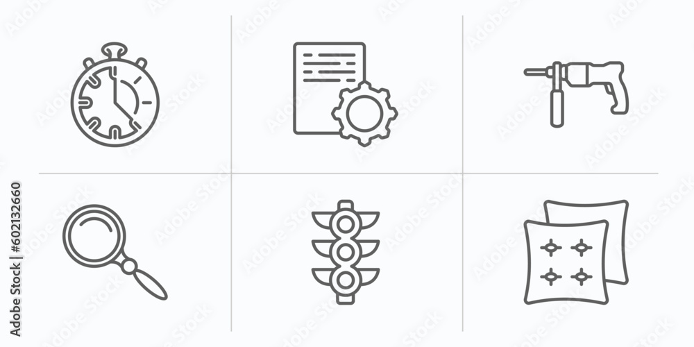 Poster tools and utensils outline icons set. thin line icons such as minute, program tings, hammer drill, s