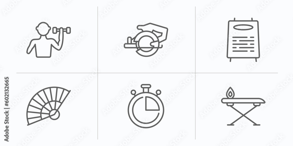 Poster tools and utensils outline icons set. thin line icons such as exercise with dumbbells, power saw, da