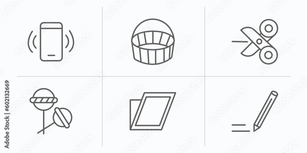 Poster tools and utensils outline icons set. thin line icons such as ringing, empty shopping basket, open s