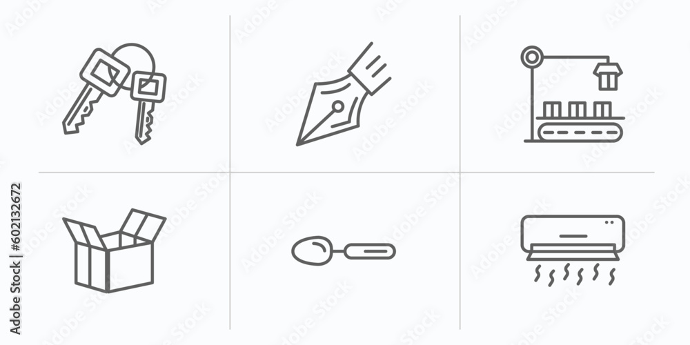 Poster tools and utensils outline icons set. thin line icons such as key ring with two keys, ink pen, packi