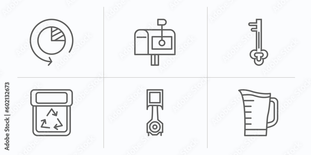 Aufkleber tools and utensils outline icons set. thin line icons such as time left, postage, tiny key, recyclin