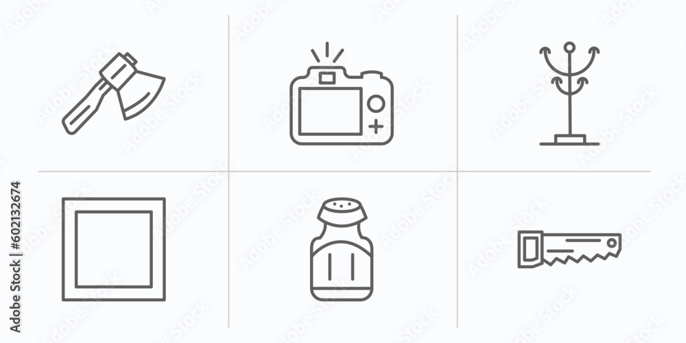 Poster tools and utensils outline icons set. thin line icons such as hand axe, camera with flash, clothes r