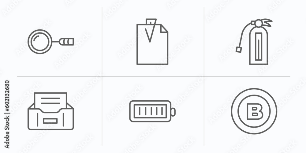 Poster tools and utensils outline icons set. thin line icons such as magnifier, attachments, flame extingui