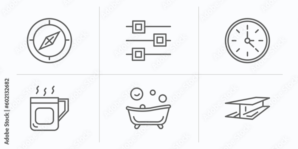 Poster tools and utensils outline icons set. thin line icons such as orientation compass, edit tools, circu