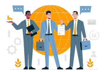 International entrepreneurs concept. Men in suits stand with briefcases communicate. Globalization and international trade. Collaboration and cooperation, teamwork. Cartoon flat vector illustration
