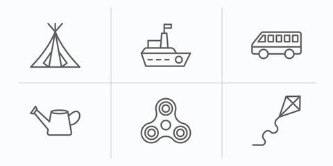 toys outline icons set. thin line icons such as tent toy, boat toy, bus toy, watering can spinner kite vector.