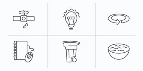 tools and utensils outline icons set. thin line icons such as pipe losing water, incandescent, rotate right, book with mouse, recycling can, water bowl vector.