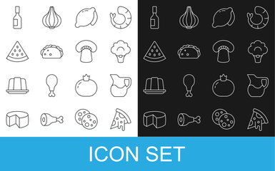 Set line Slice of pizza, Jug glass with milk, Broccoli, Lemon, Taco tortilla, Watermelon, Tabasco sauce and Mushroom icon. Vector