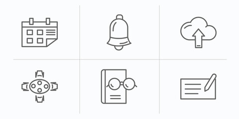 tools and utensils outline icons set. thin line icons such as calendar page, hanging bell, up arrow and cloud, dining, reading glasses, writing tool vector.