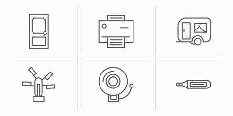 tools and utensils outline icons set. thin line icons such as doors, print button, house on wheels, windmills, electric bell, body thermometer vector.