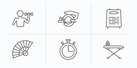 tools and utensils outline icons set. thin line icons such as exercise with dumbbells, power saw, daily specials board, tessen fan, stopwatch, iron table vector.