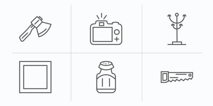 tools and utensils outline icons set. thin line icons such as hand axe, camera with flash, clothes rack, basic square, pepper container, carpentry vector.