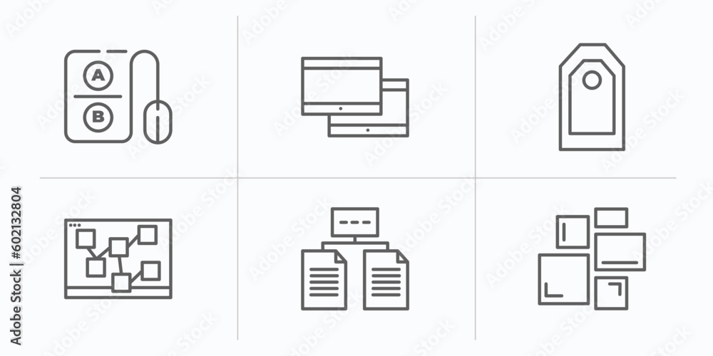Poster technology outline icons set. thin line icons such as a/b testing, virtual hine, attributes, mood bo