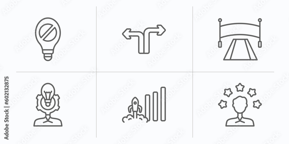 Poster startup stategy and outline icons set. thin line icons such as restrict, decision, finish line, user