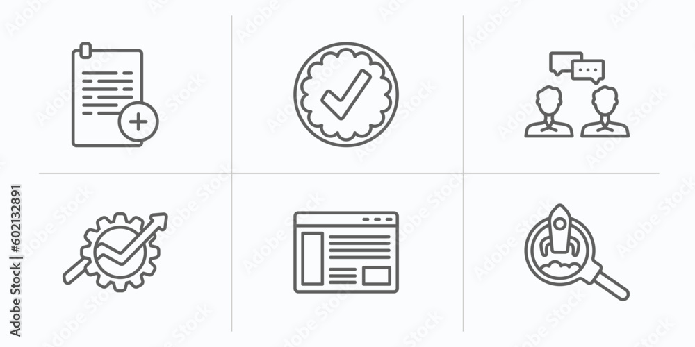 Poster startup stategy and outline icons set. thin line icons such as hire, valid, discussion, grow, web de