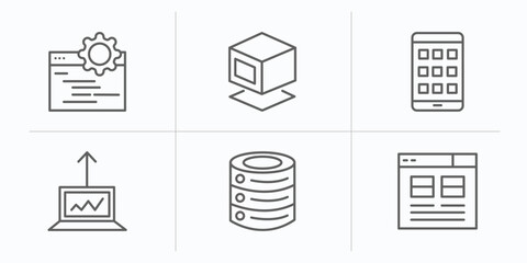 technology outline icons set. thin line icons such as ide, virtual box, native apps, growth hacking, caching, user interface vector.