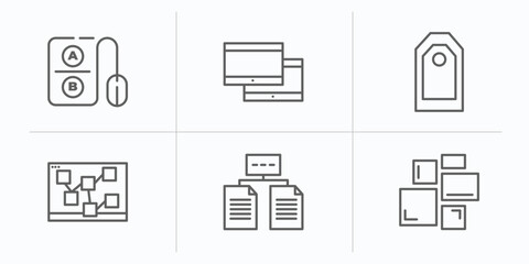 technology outline icons set. thin line icons such as a/b testing, virtual hine, attributes, mood board, data architecture, grid system vector.