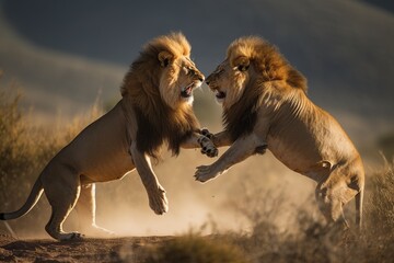 illustration, lions fighting facing each other, ai generative. - obrazy, fototapety, plakaty