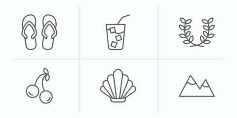 summer outline icons set. thin line icons such as pair of flip flops, refreshing cold drink, wreath, cherries, seashell, mountains vector.
