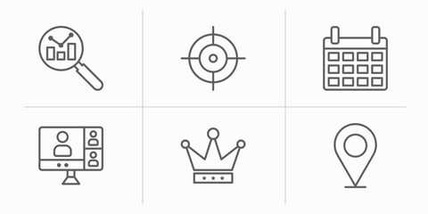 strategy outline icons set. thin line icons such as analysis, goal, calendar, meeting, king, placeholder vector.
