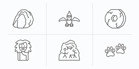 stone age outline icons set. thin line icons such as cave, pterodactyl, wheel, troglodyte, cave painting, paw print vector.