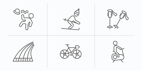 sports outline icons set. thin line icons such as man losing hat, skiing down hill, ski poles, running track, racing bike, exercise gym vector.