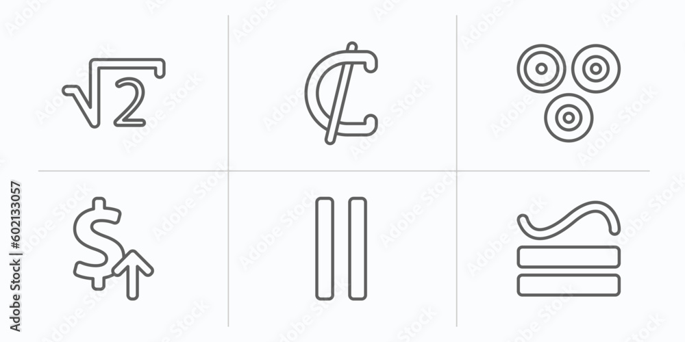 Poster signs outline icons set. thin line icons such as square root, is not a sub, because, currency value,
