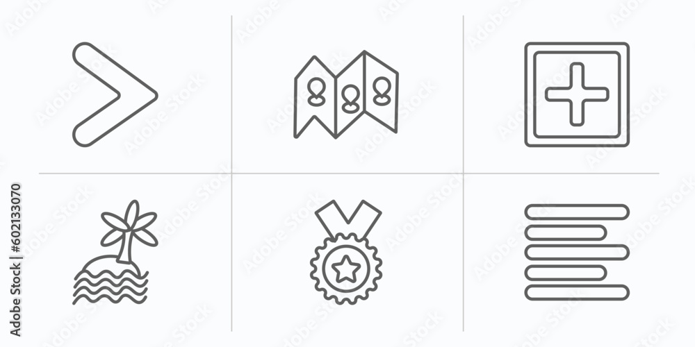 Poster signs outline icons set. thin line icons such as is greater than, map and map pointer, add, beach, c