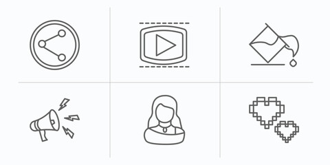 social media marketing outline icons set. thin line icons such as photo share, video player, fill, announcement, avatars, pixelated vector.
