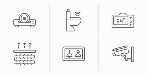 smart home outline icons set. thin line icons such as cd player, smart toilet, thermostat, underfloor heating, meter, surveillance vector.
