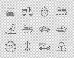 Set line Steering wheel, Cruise ship, Submarine, Surfboard, Delivery cargo truck, Oil tanker, Car and Rafting boat icon. Vector