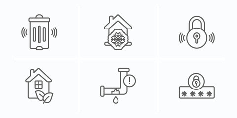 smart home outline icons set. thin line icons such as smart trash, cool, locking, eco home, leak, security code vector.