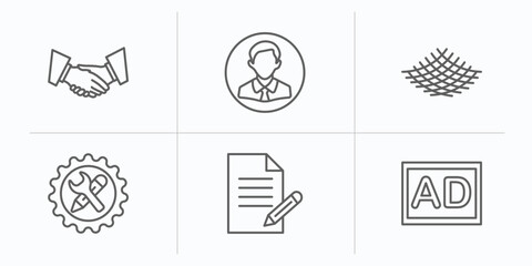 social media marketing outline icons set. thin line icons such as partner, user avatar, net, development, suggestion, ad vector.