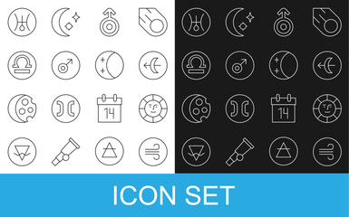 Set line Windy weather, Sun, Sagittarius zodiac, Symbol Uranus, Mars symbol, Libra, and Eclipse of sun icon. Vector
