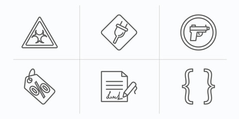 signs outline icons set. thin line icons such as biohazard, plug, gun, percentage discount, , parenthesis vector.
