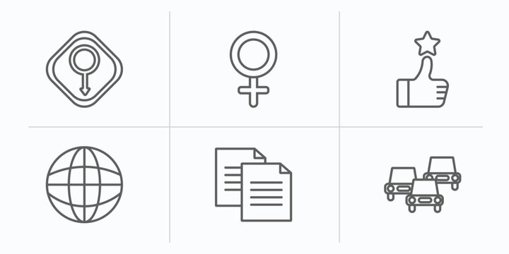 signs outline icons set. thin line icons such as male gender, female, superior, grid world, copying, traffic vector.