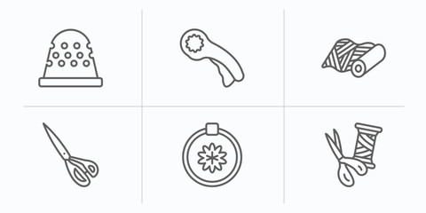 sew outline icons set. thin line icons such as thimble, rotary, material, sewing scissors, needlepoint, sewing equipment vector.