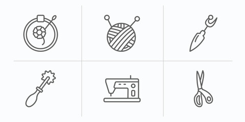 sew outline icons set. thin line icons such as embroidery, ball of wool, seam ripper, tracing wheel, tailoring hine, cutting tool vector.