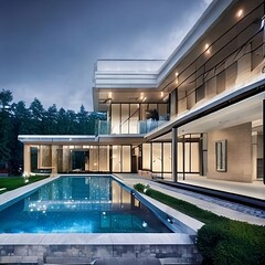 A modern house with a pool in front of it. Generative AI