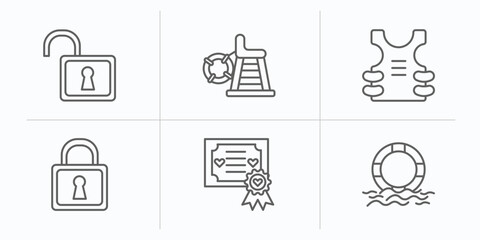 security outline icons set. thin line icons such as unlocked padlock, lifeguard chair, bullet proof vest, locked padlock, marriage certificate, float vector.