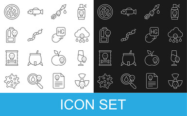 Set line Radioactive, Poisoned alcohol, Acid rain, the arrow, Snake, Beaker with toxic liquid, Petri dish bacteria and Drop of mercury icon. Vector