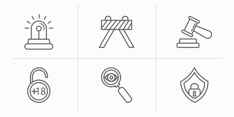 security outline icons set. thin line icons such as emergency light, barricade, court gavel, underage, insight, protector vector.