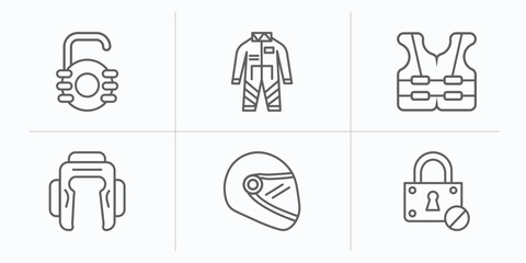 security outline icons set. thin line icons such as open access, race suit, reflective vest, boxing helmet, motorbike helmet, blocked padlock vector.