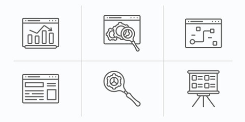 search engine optimization outline icons set. thin line icons such as graphic, monitoring, tactical, site, search engine, whiteboard vector.