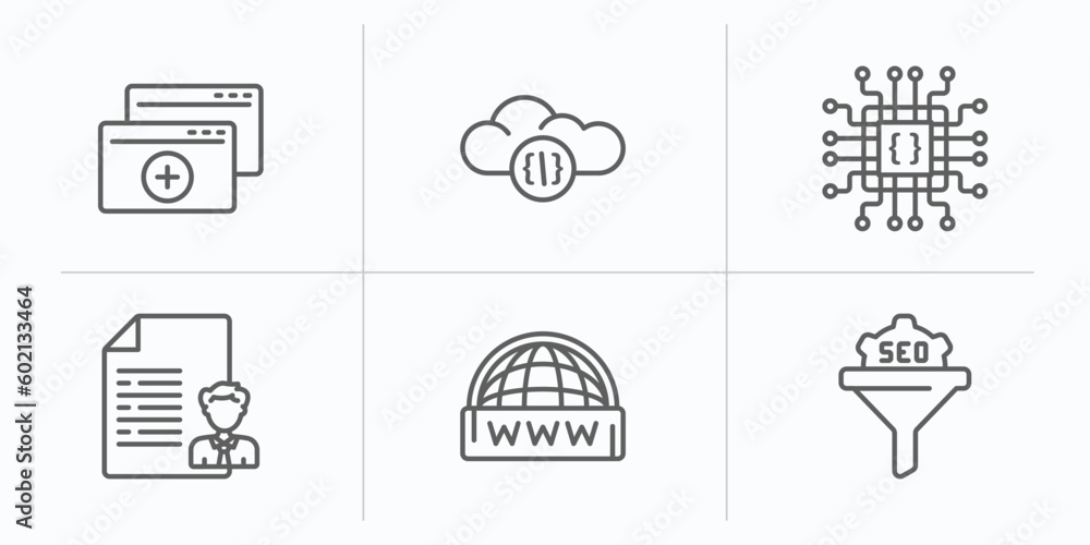 Poster programming outline icons set. thin line icons such as duplicate, cloud storage, hardware, seo repor