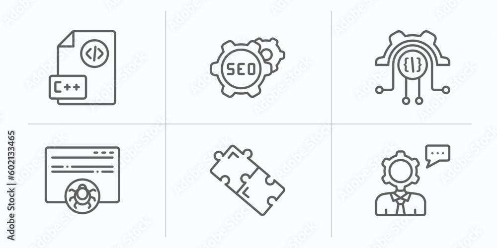 Poster programming outline icons set. thin line icons such as programming language, image seo, engineering,