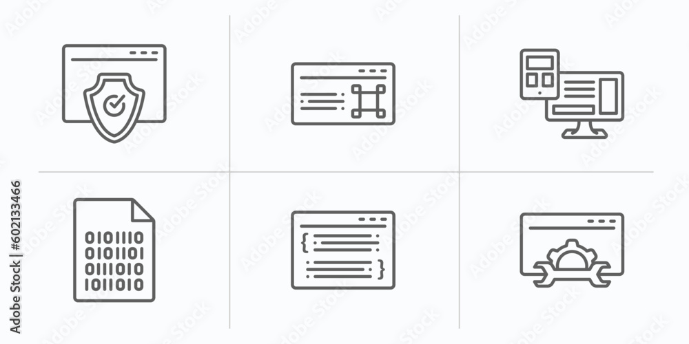 Poster programming outline icons set. thin line icons such as authorize, command, adaptive layout, binary f