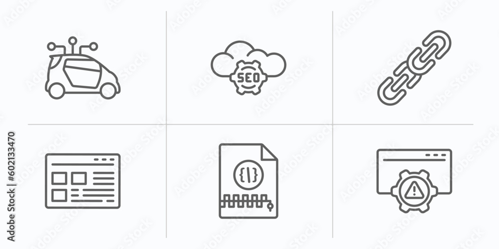 Poster programming outline icons set. thin line icons such as smart car, seo cloud, hyperlink, ux de, archi