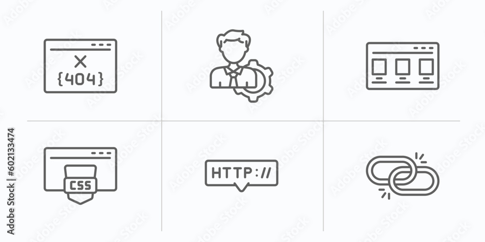 Poster programming outline icons set. thin line icons such as 404 error, seo management, theme, css, http, 
